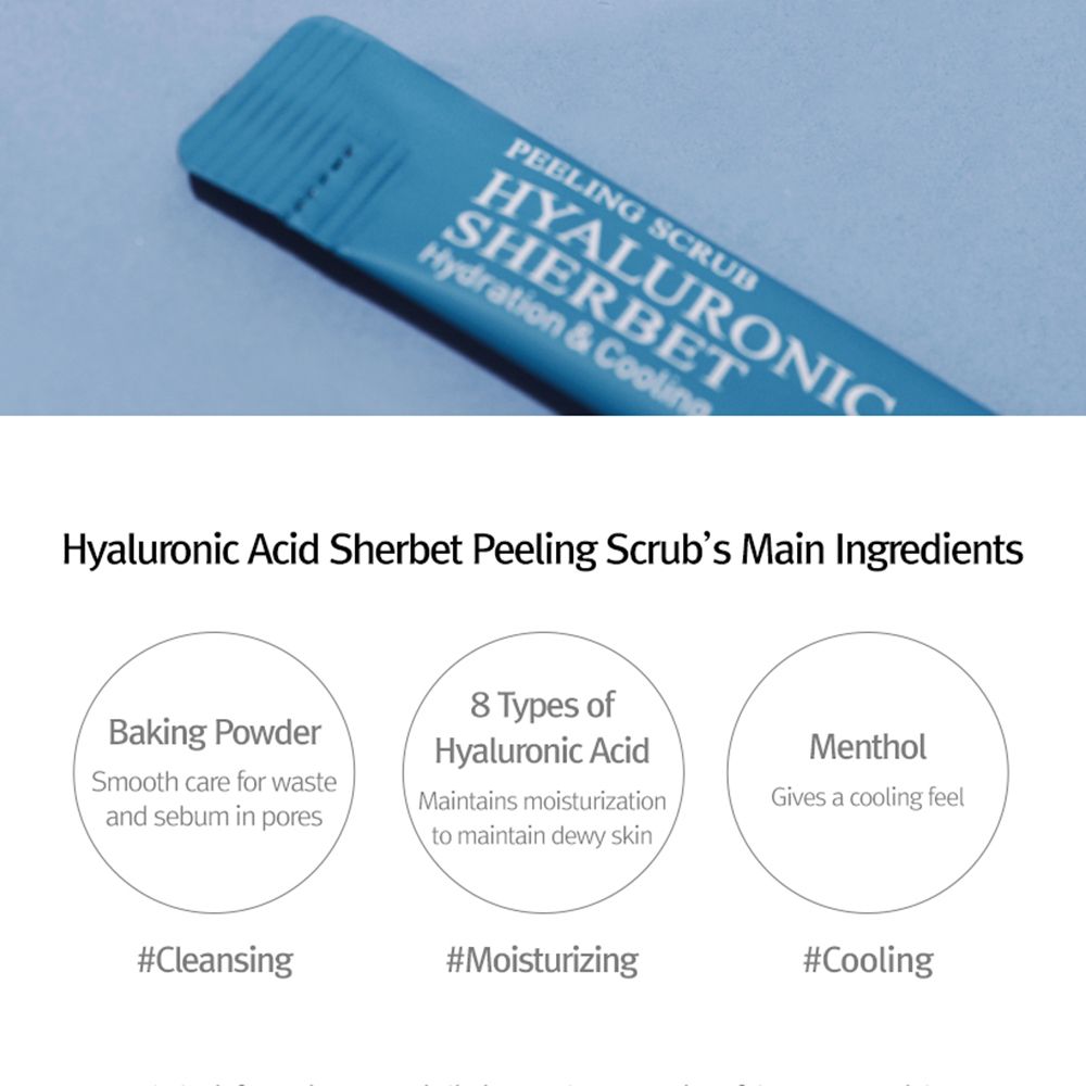 Ingrediënten van MIZON Hyaluronic Acid Sherbet Peeling Scrub. Tekst: Hyaluronic Acid Sherbet. Ingrediënten: bakpoeder, hyaluronzuur, menthol.