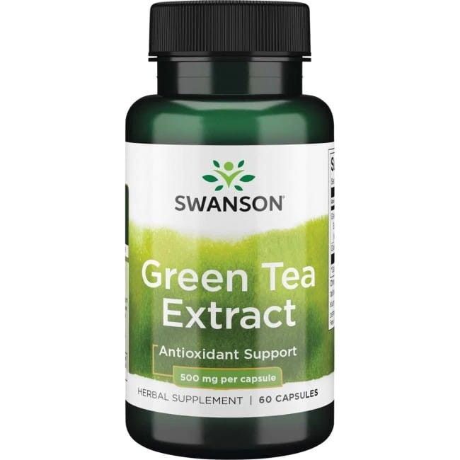 Flacon vert de Swanson Green Tea Extract. Inscription : Green Tea Extract, Antioxidant Support, 500 mg par capsule, 60 capsules.