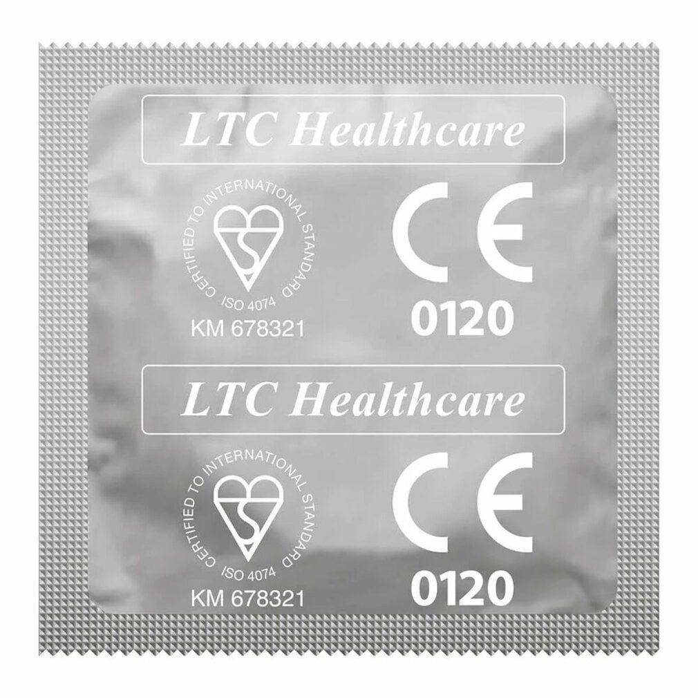 Twee individueel verpakte condooms. Opschrift: 'LTC Healthcare', CE-markering, ISO-certificering.
