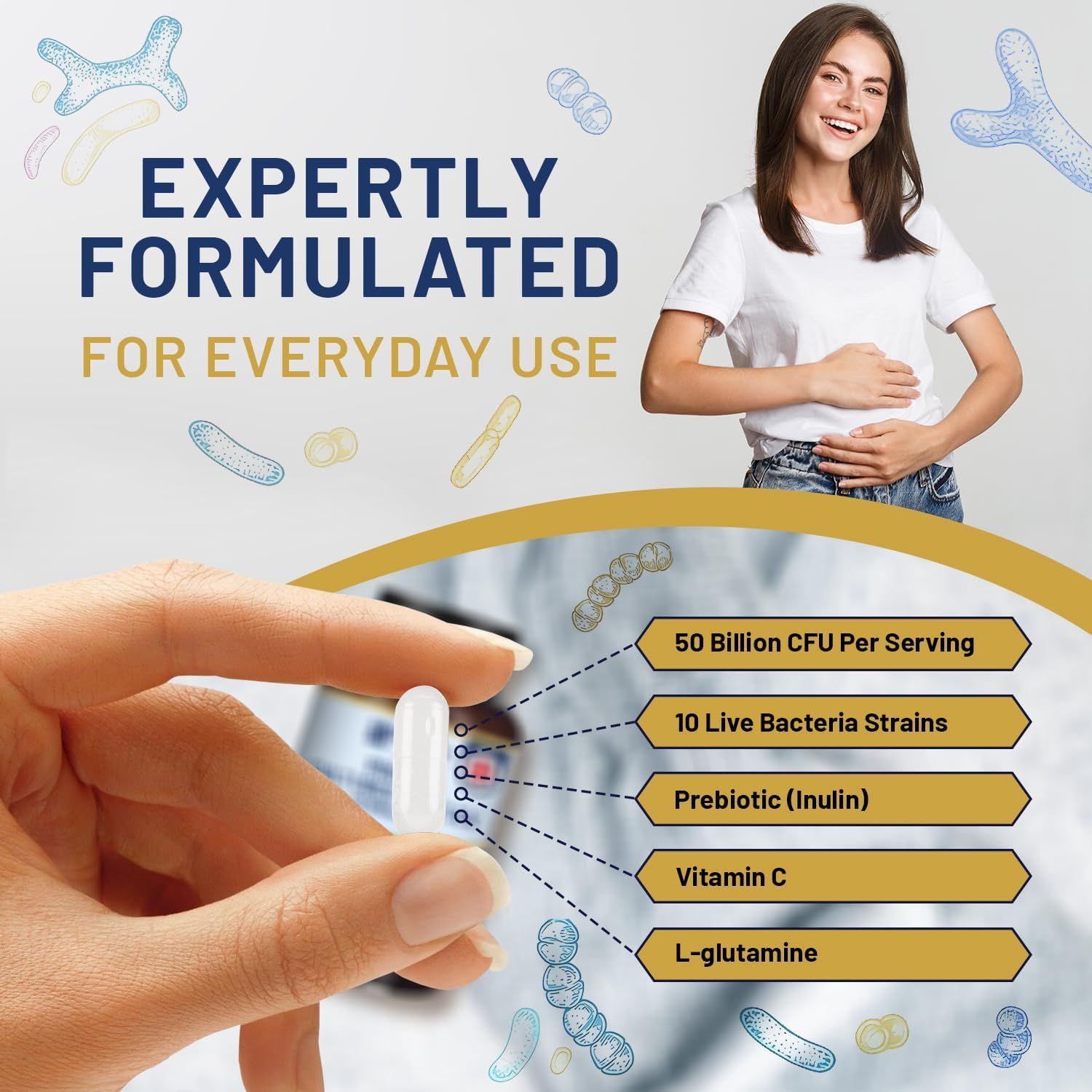 Een hand houdt een capsule vast. Tekst: 50 miljard KVE per portie, 10 levende bacteriestammen, prebiotica (inuline), vitamine C, L-glutamine.