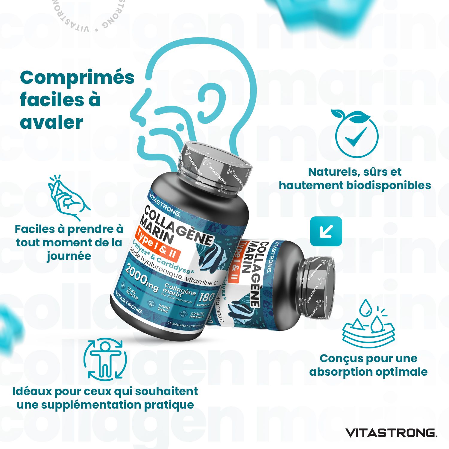 Twee flessen met tabletten. Opschrift: Marine collageen type 1&2, 2000mg, 180 tabletten. Blauwe verpakking. Tekst: gemakkelijk te slikken.