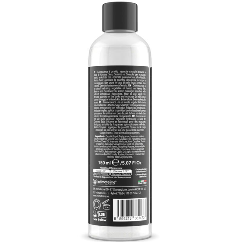 Flacon d'huile transparente avec bouchon noir et étiquette d'informations produit et volume.