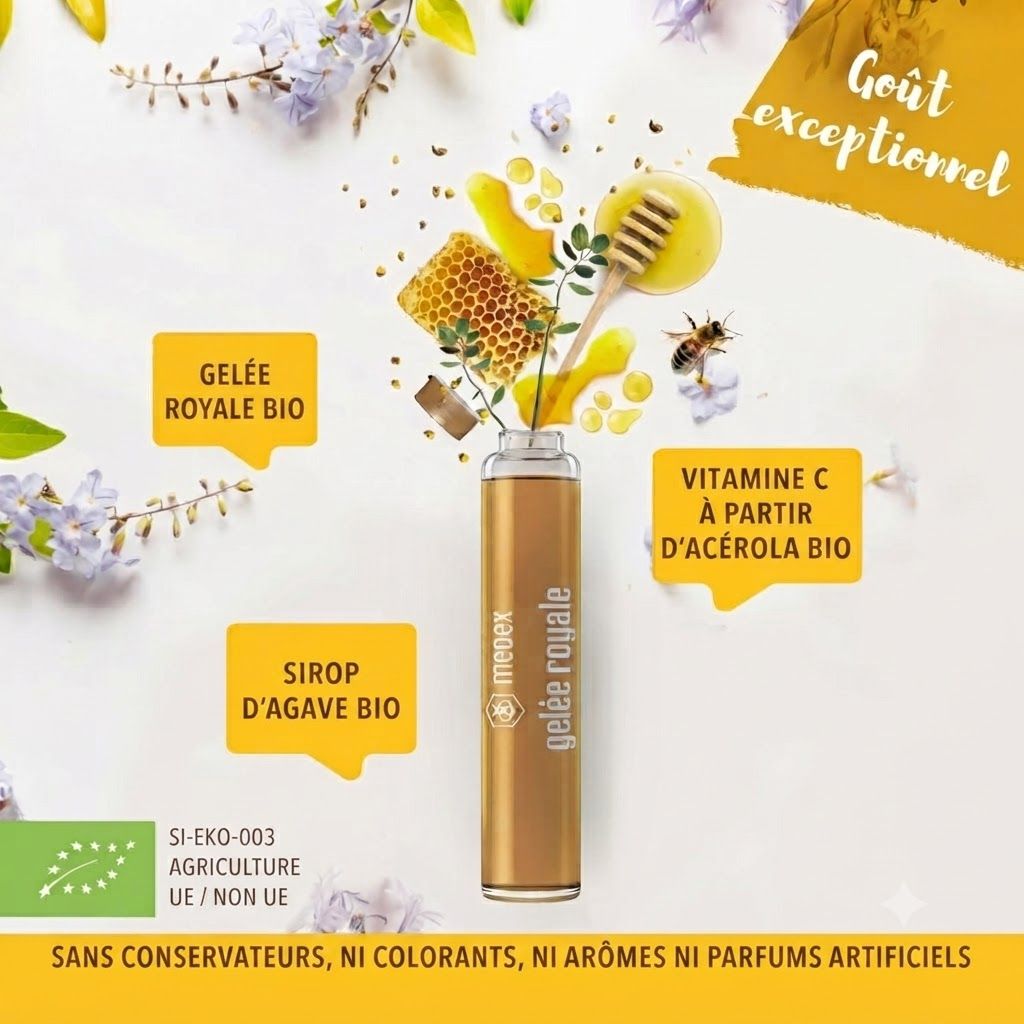 Ampoule Medex Gelée Royale avec bonnet et écharpe, près d'un réveil, personne endormie.