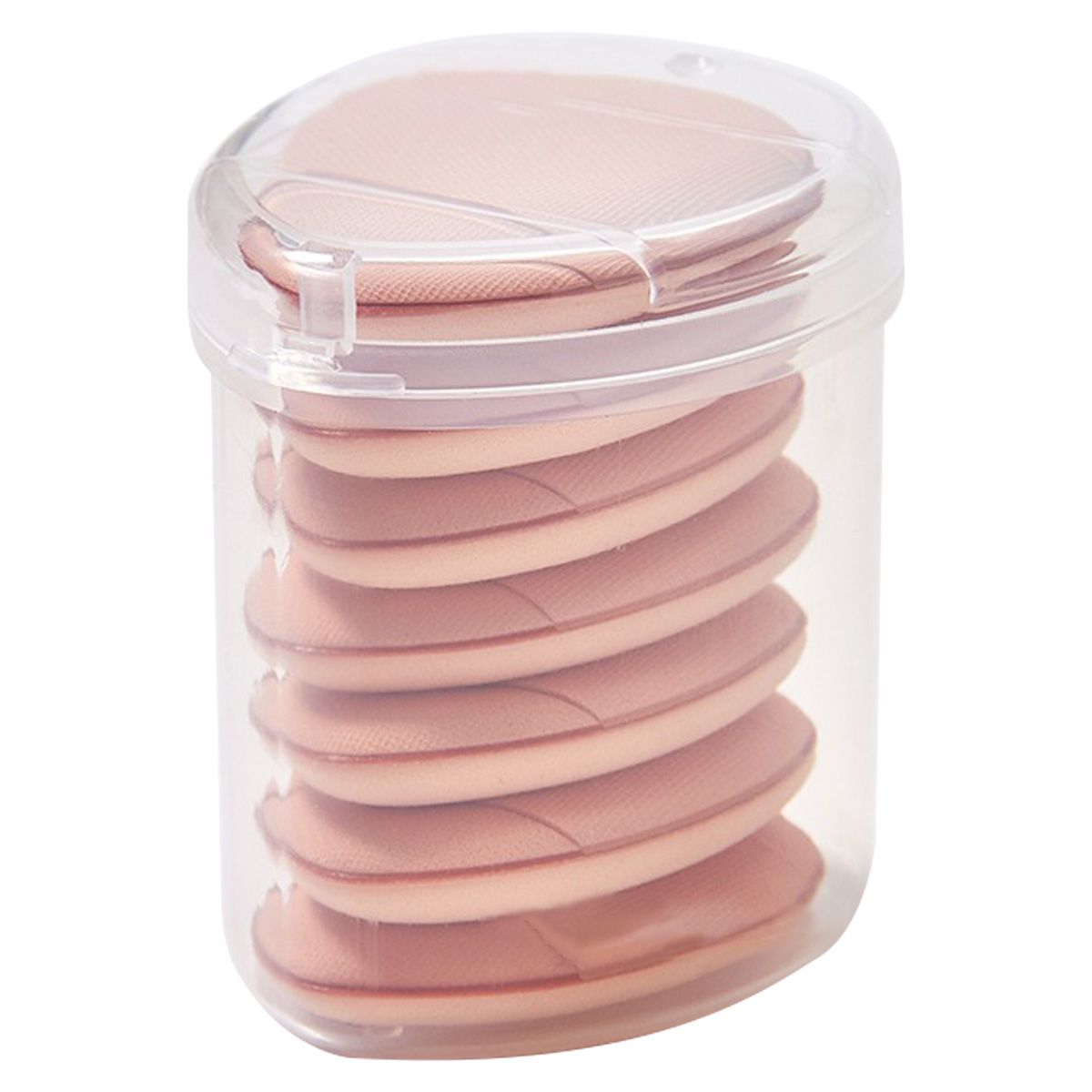 Éponges de maquillage rondes roses dans un récipient transparent avec couvercle. Plusieurs éponges empilées.