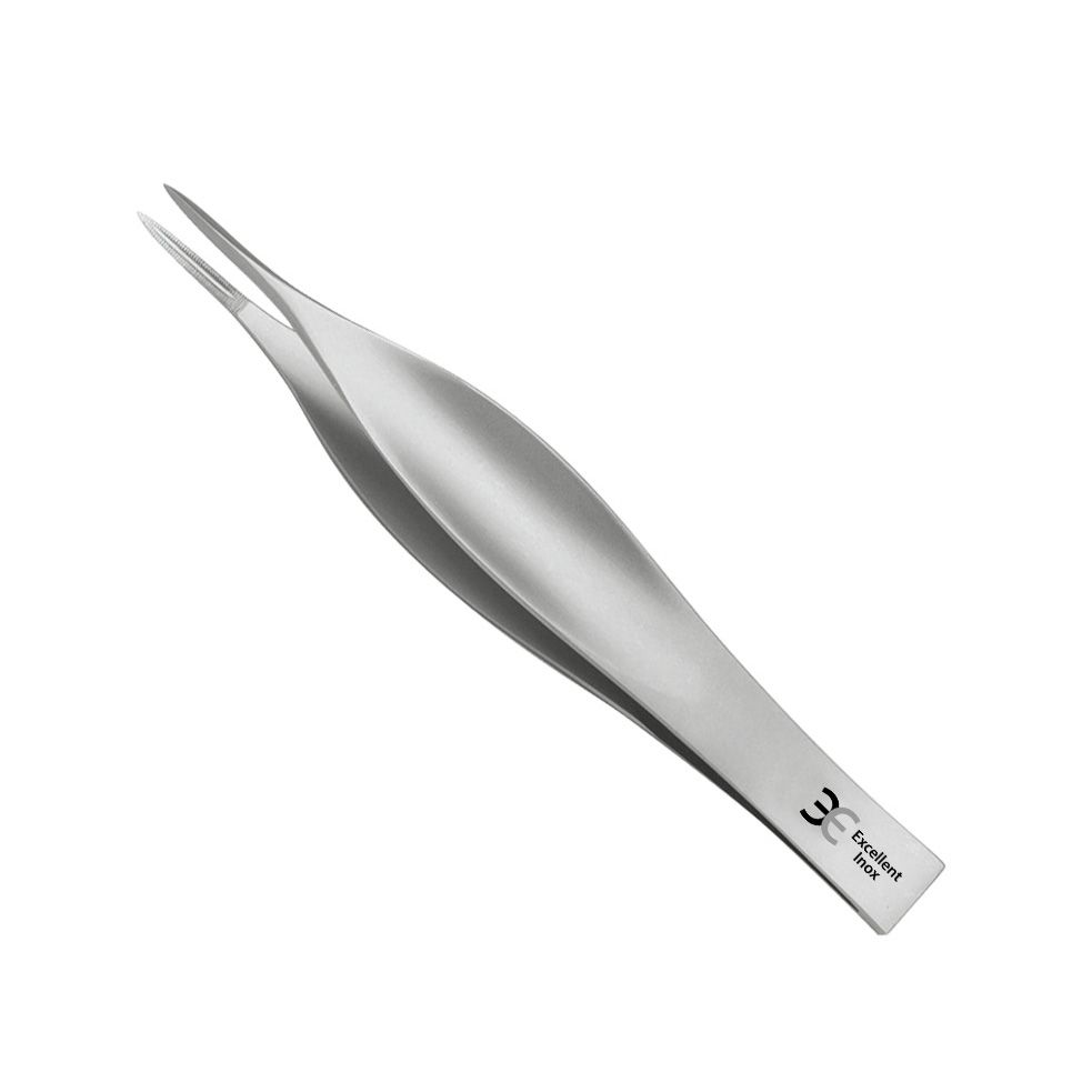 Pince à échardes en métal. Forme pointue et incurvée. "3C Excellent Inox" imprimé sur la poignée.
