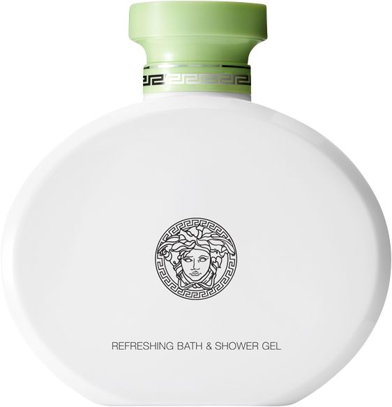 Witte, ovale fles met groene dop. Tekst "Refreshing Bath & Shower Gel" onderaan. Versace-logo in het midden.
