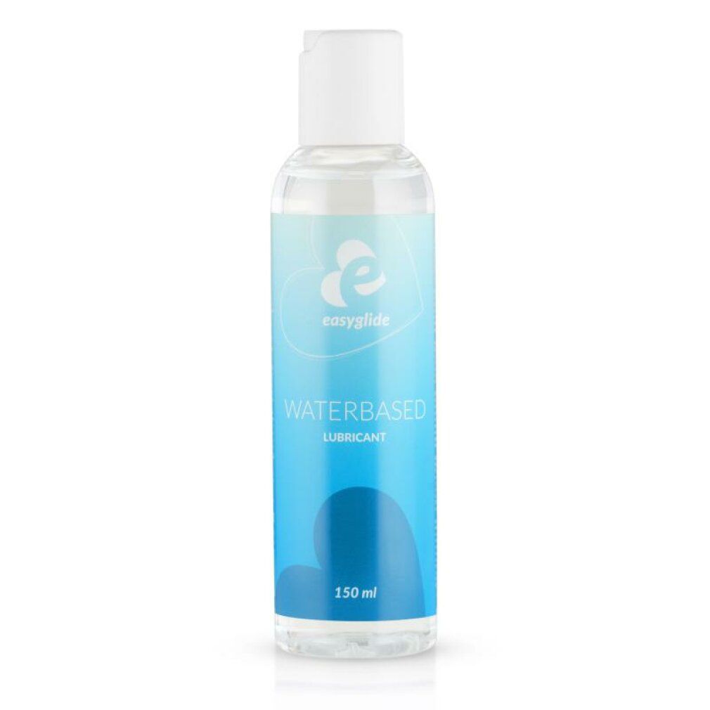 Fles met blauw-wit etiket. Opschrift: WATERBASED LUBRICANT, 150ml. Logo: easyglide. Transparante vloeistof.