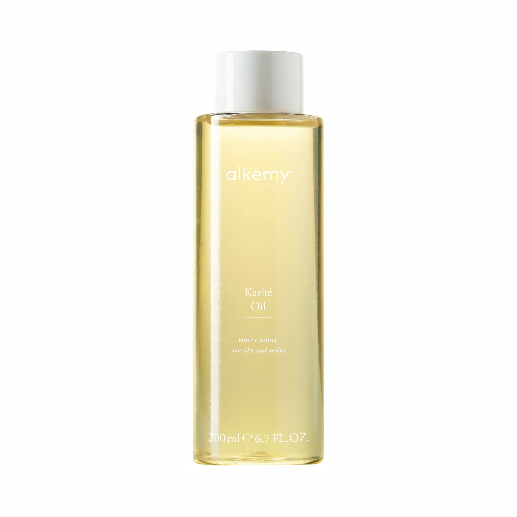 Une bouteille d'huile Alkemy Karité sur fond blanc.