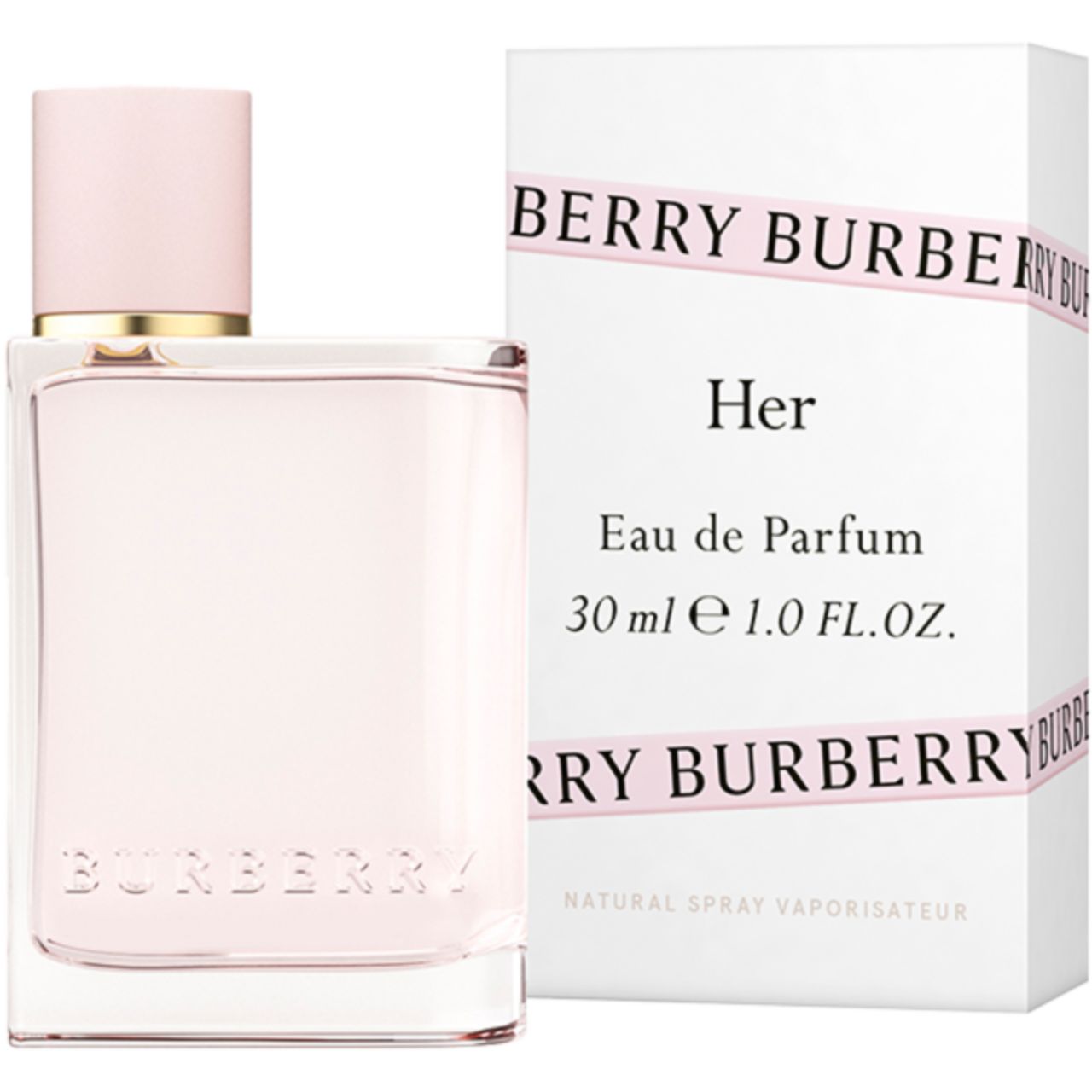 Flacon de parfum et emballage. Flacon carré, bouchon rose. Emballage blanc avec texte rose.