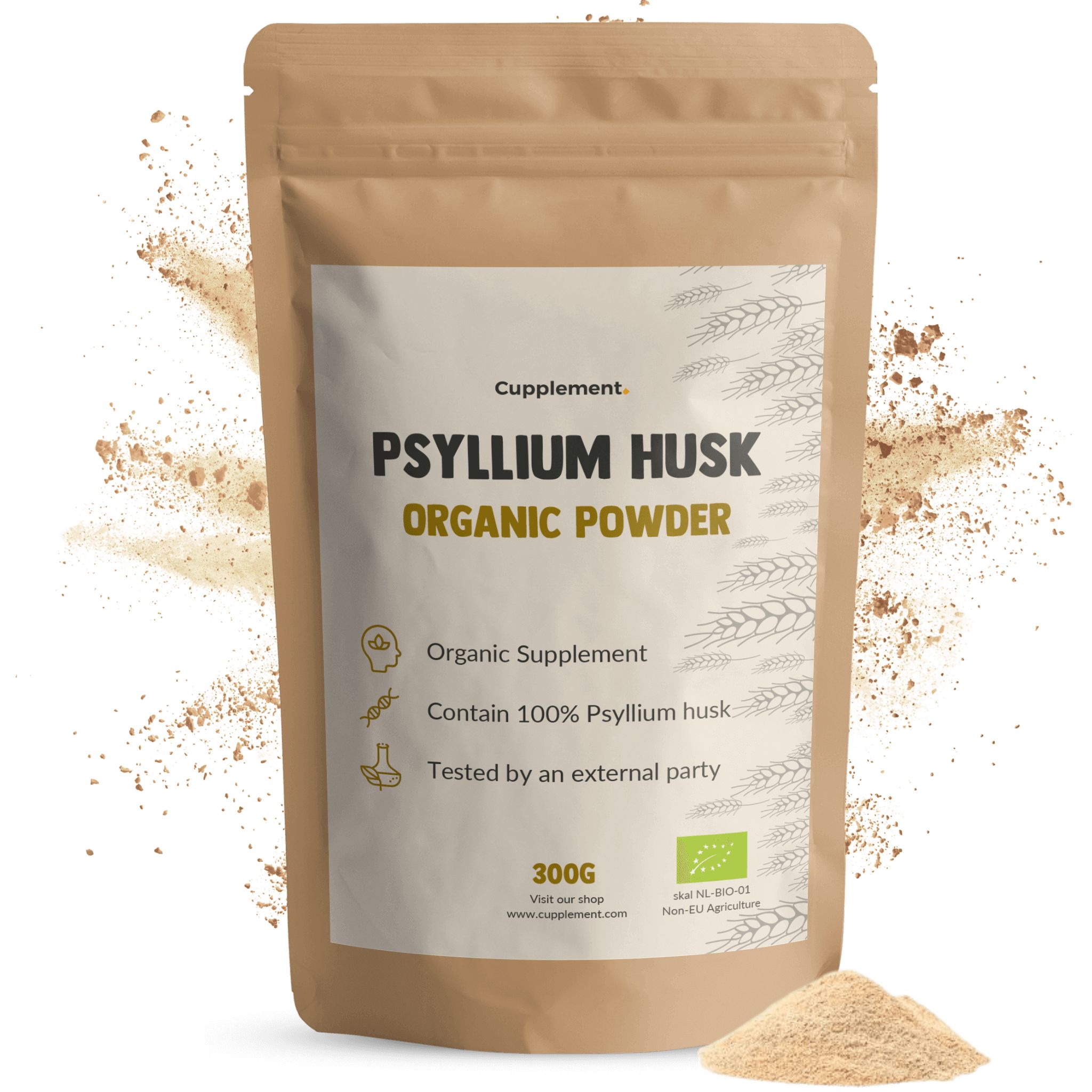 Zakje Psyllium Husk Organic Powder. 300g verpakking. Biokeurmerk. Poeder ernaast.