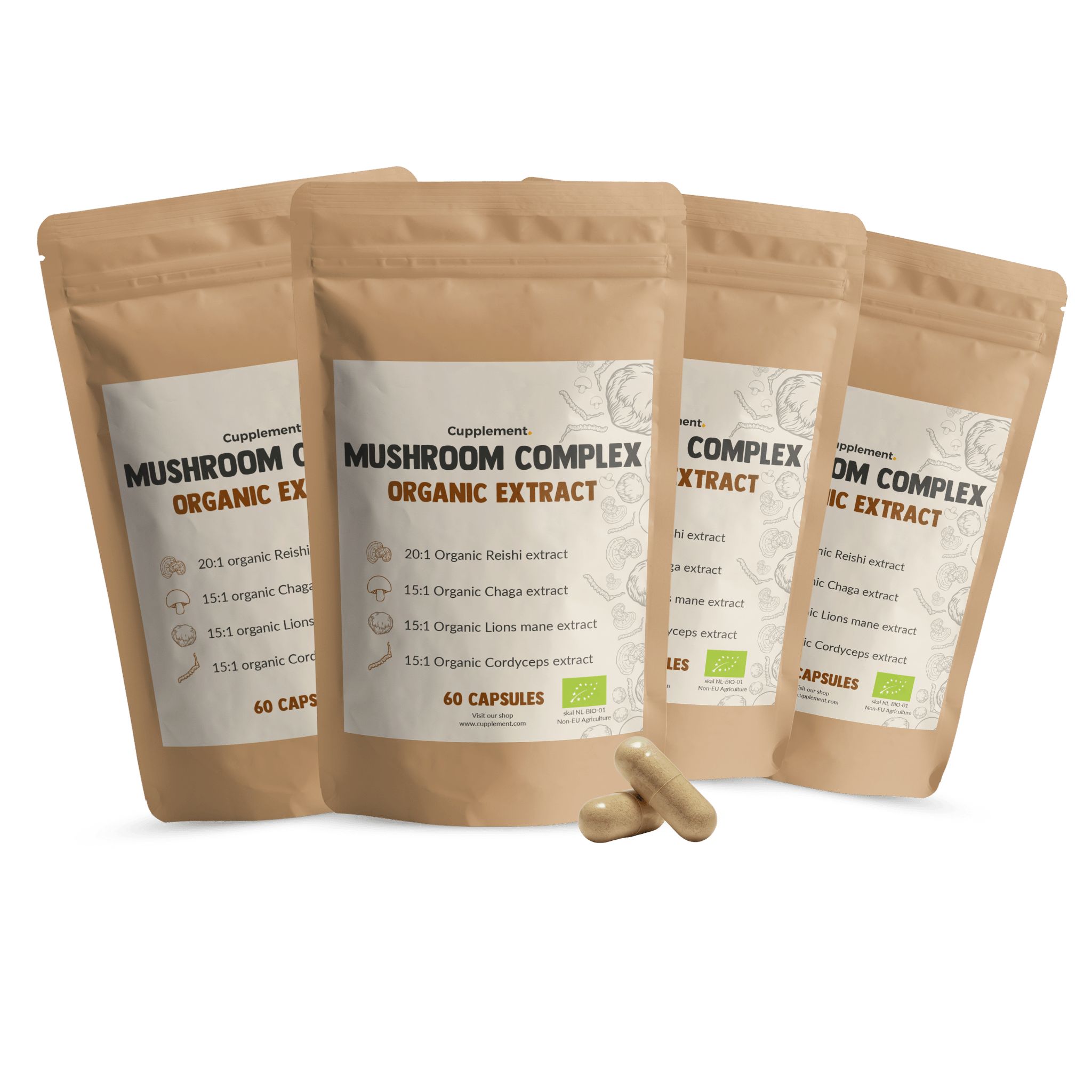 Meerdere zakjes Cupplement - Complexe de champignons BIO 400 mg. Bruine zakjes met wit etiket en capsules.