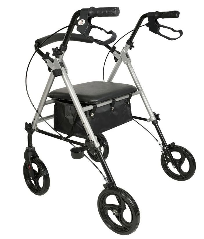 Rollator, aluminium frame, zwarte zitting, mand en 4 wielen. Met handremmen en bekerhouder.