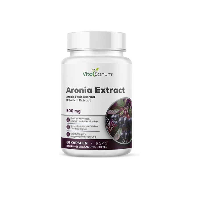 VitaSanum Aronia Extract Capsules, 500 mg. Witte container met illustratie van aroniabessen.