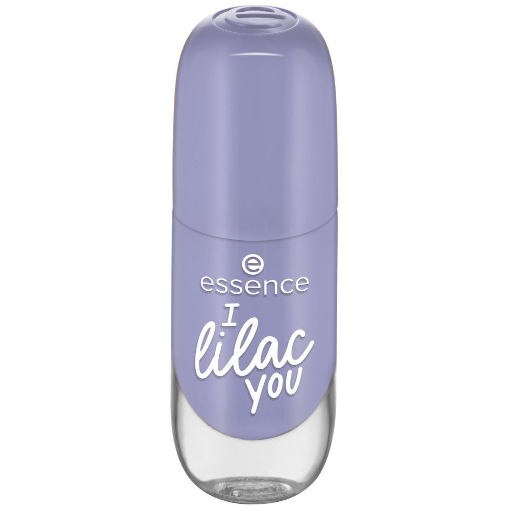 Flacon de vernis à ongles fermé. Vernis lilas, inscription 'essence I lilac you'.