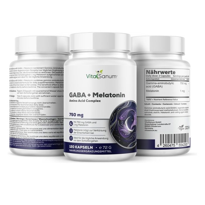 VitaSanum GABA + Melatonine: Drie potten met gedetailleerde productinformatie en voedingswaarden.