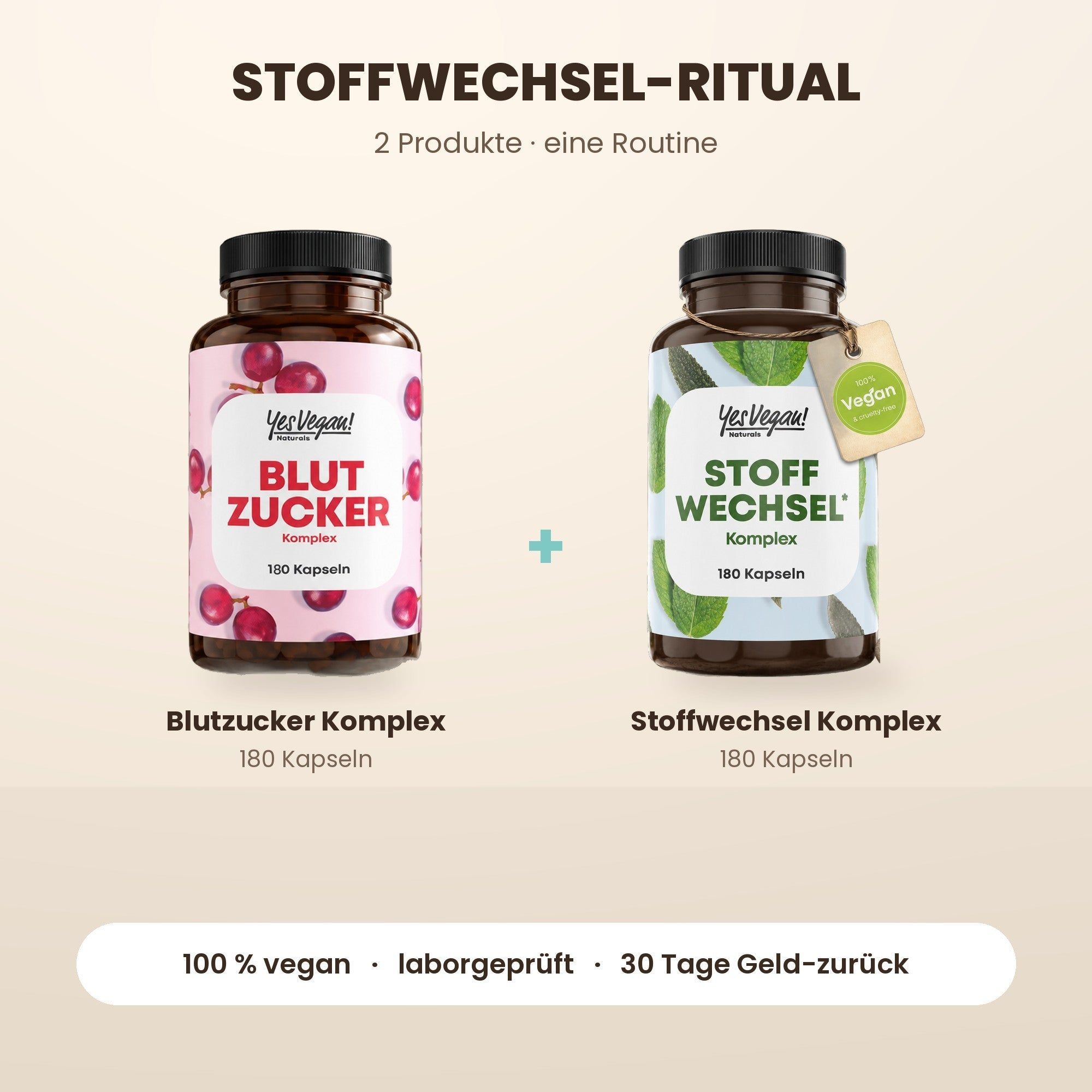 Deux bouteilles de compléments alimentaires : "Blutzucker Komplex" et "Stoffwechsel Komplex", 180 gélules chacune.