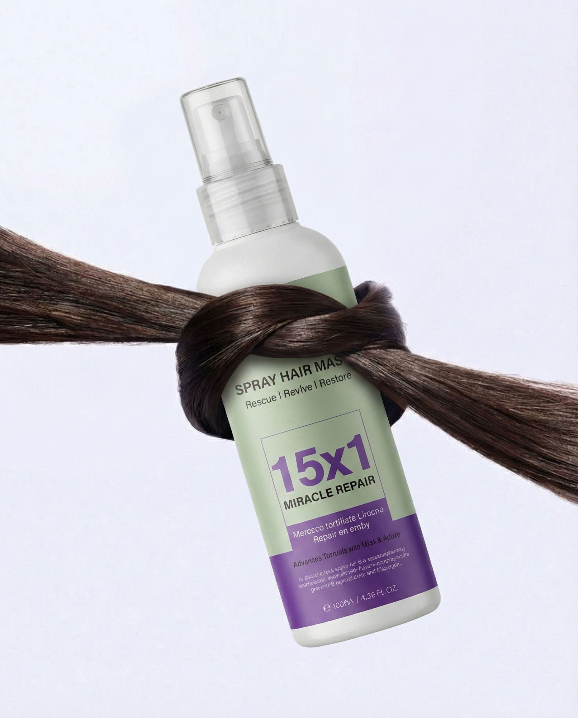 Spray haarmasker met 15x1 Miracle Repair formule, omringd door donker haar.