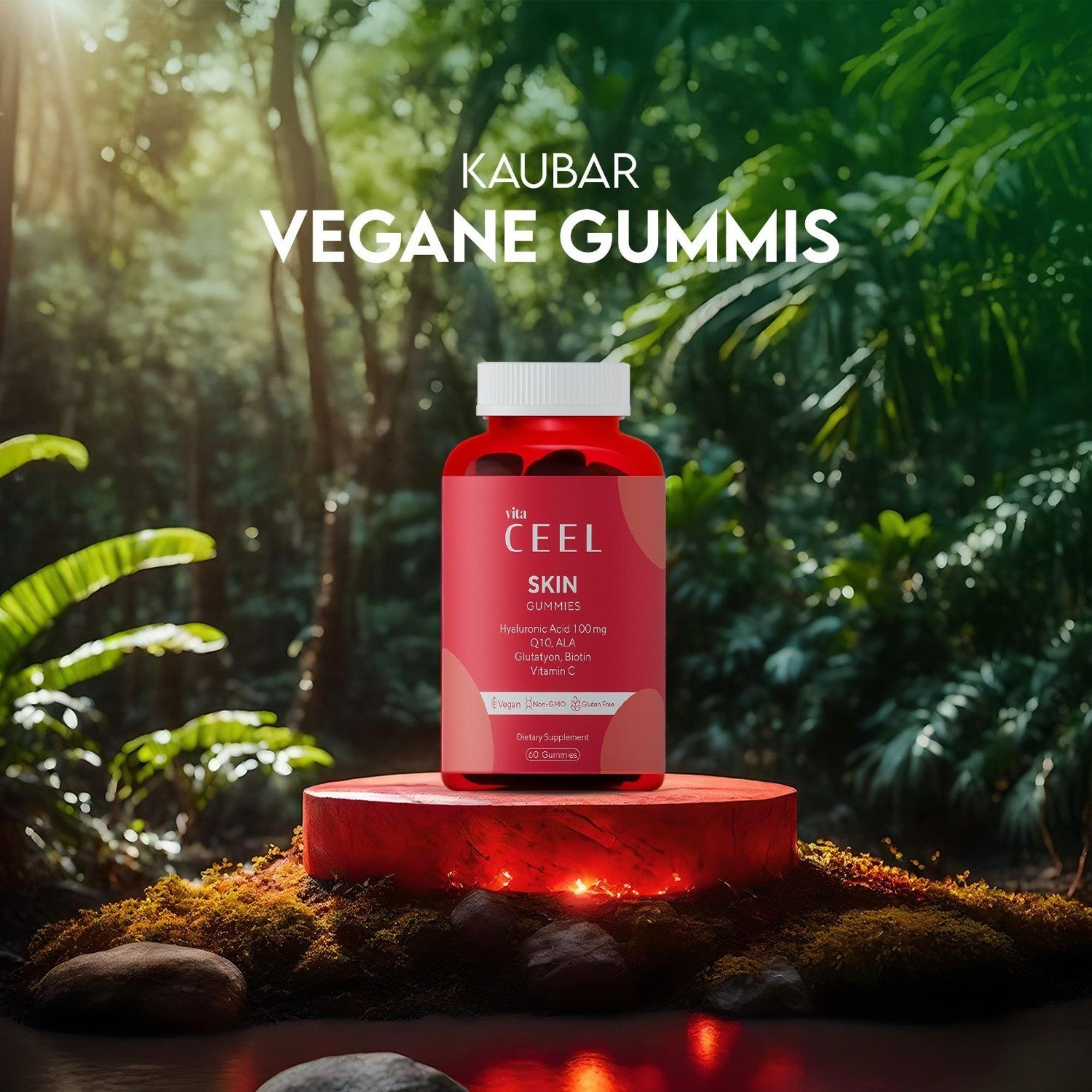 Rode fles met CEEL SKIN GUMMIES, vegan, hyaluronzuur, vitamine C.