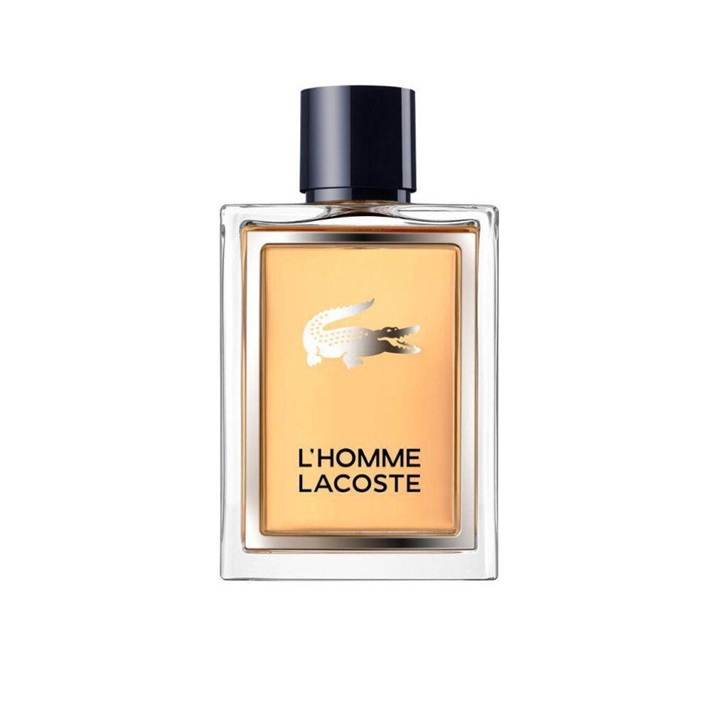 Flacon de Lacoste L'Homme Eau de Toilette. Forme rectangulaire, liquide ambré. Bouchon noir. Logo crocodile argenté.