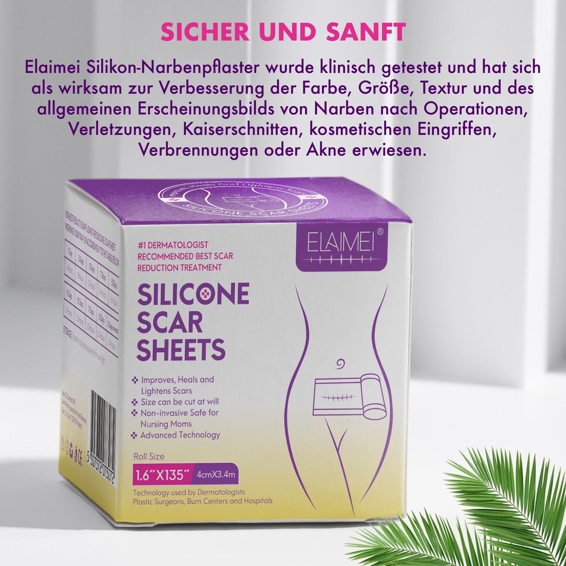 Elaimei siliconen littekenpleisters, rol van 4cm x 3.4m, voor littekenvermindering.