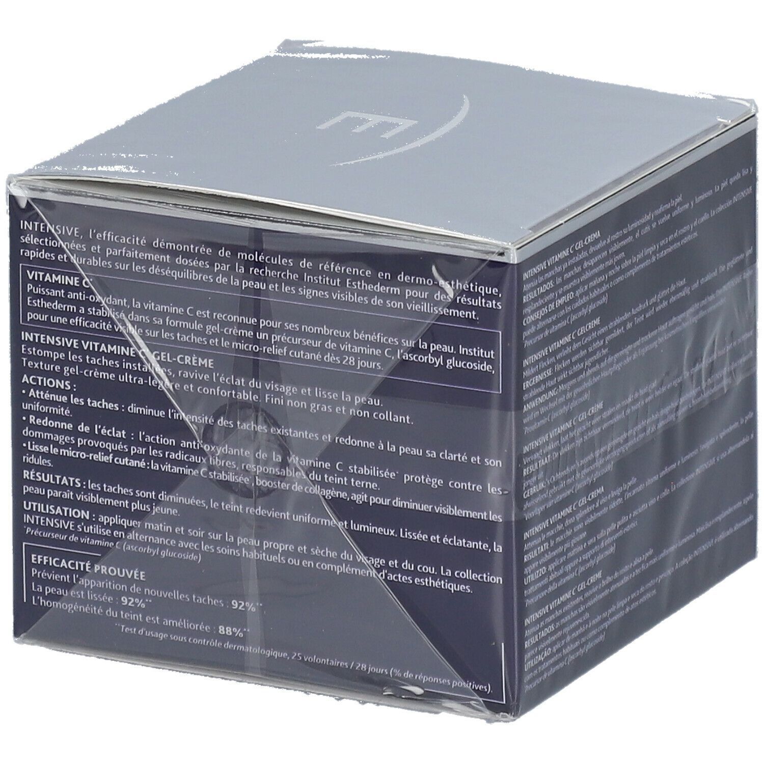 Boîte bleu foncé avec texte. INSTITUT ESTHEDERM, INTENSIVE VITAMINE C GEL-CREME. Emballée dans du plastique.