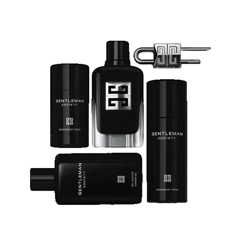 Vijfdelige set. Zwarte flacons en stick. Opschrift: Givenchy Gentleman Society. Logo. Verschillende vormen.