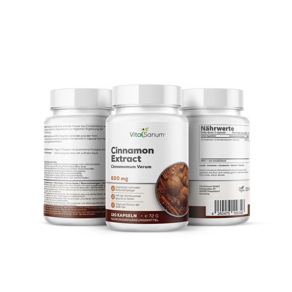 VitaSanum® Kaneelcapsules, 600 mg. Drie containers, één vooraan met etiket, twee achteraan met voedingswaarde-informatie.