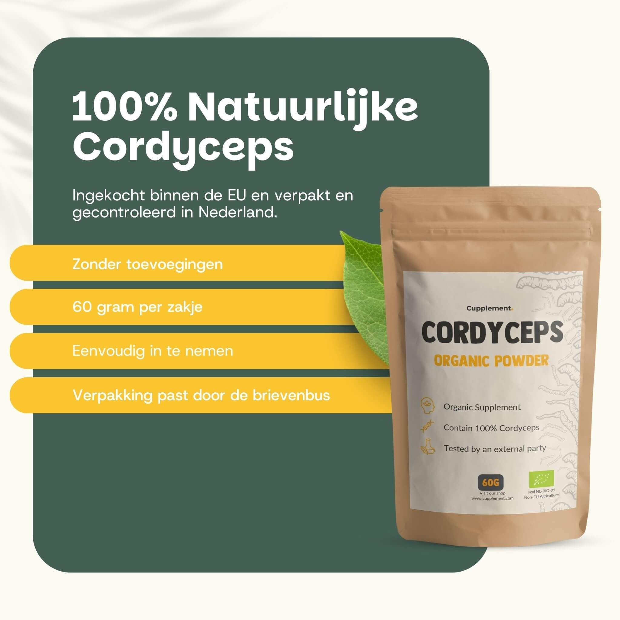 Zakje Cordyceps poeder. Tekst: 100% natuurlijk, 60 gram per zakje, gemakkelijk in te nemen. Bio-keurmerk.