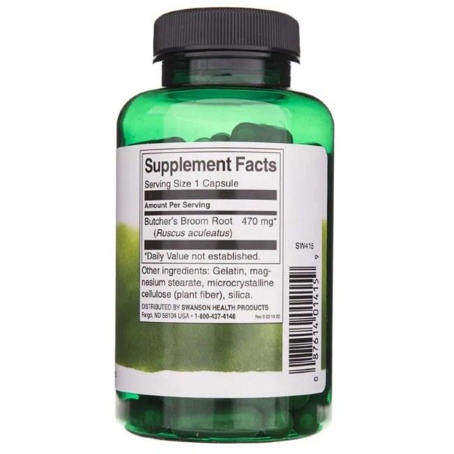 Vue arrière d'un flacon vert. Étiquette avec "Supplement Facts", "Butcher's Broom Root 470 mg" et ingrédients.