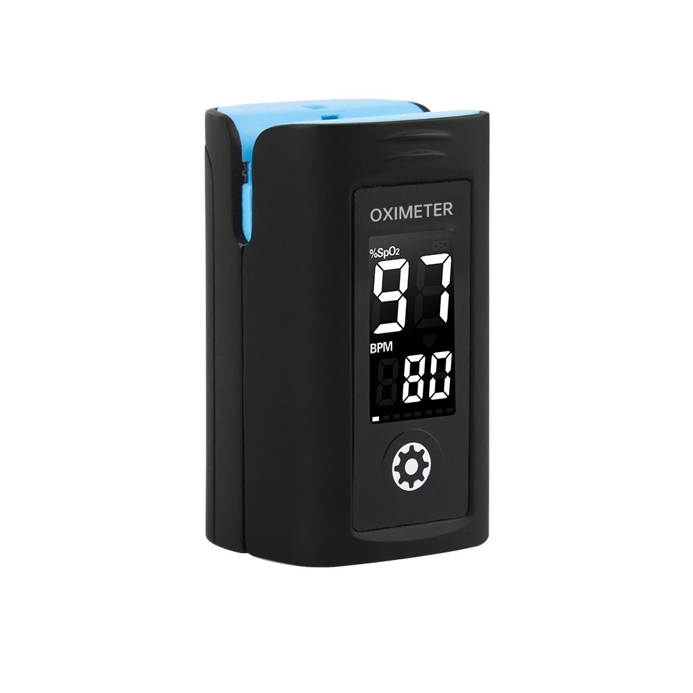 Zwarte pulsoximeter met blauwe inzet. Digitale display met SpO2- en BPM-waarden. Opschrift Oximeter.