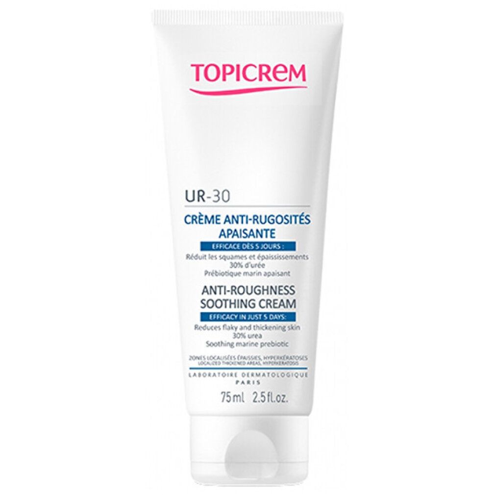 Tube blanc avec texte rouge et bleu. "TOPICREM" en haut. En dessous, "UR-30 CRÈME ANTI-RUGOSITÉS APAISANTE".