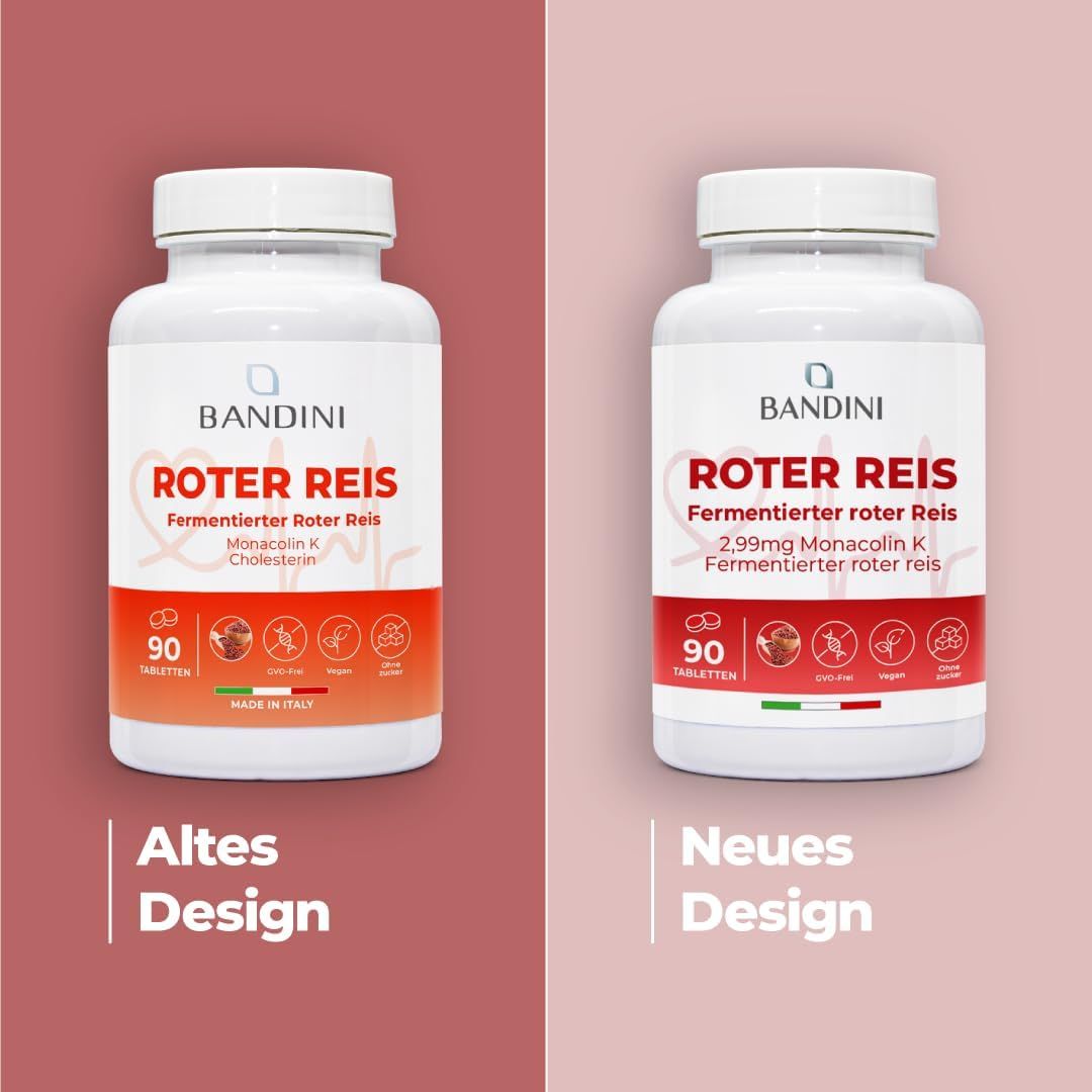 Deux flacons Bandini Roter Reis. Ancienne et nouvelle conception. Étiquettes rouges avec texte: Roter Reis, 90 comprimés.