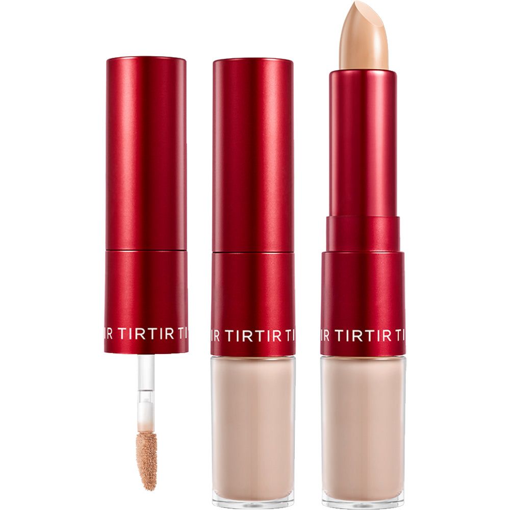 Trois bâtons de correcteur rouges. Un avec applicateur, un ouvert, un fermé. Texte: TIRTIR.