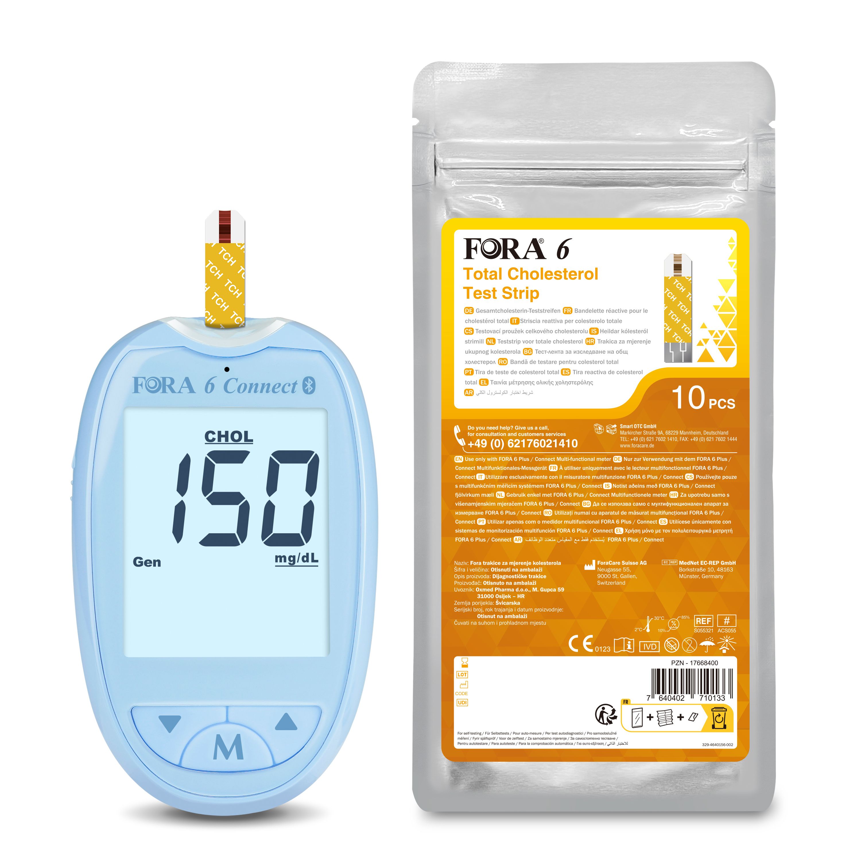 Blauw FORA 6 Connect meetapparaat met display en teststrips. Toont cholesterolwaarde. Daarnaast verpakking met 10 teststrips.