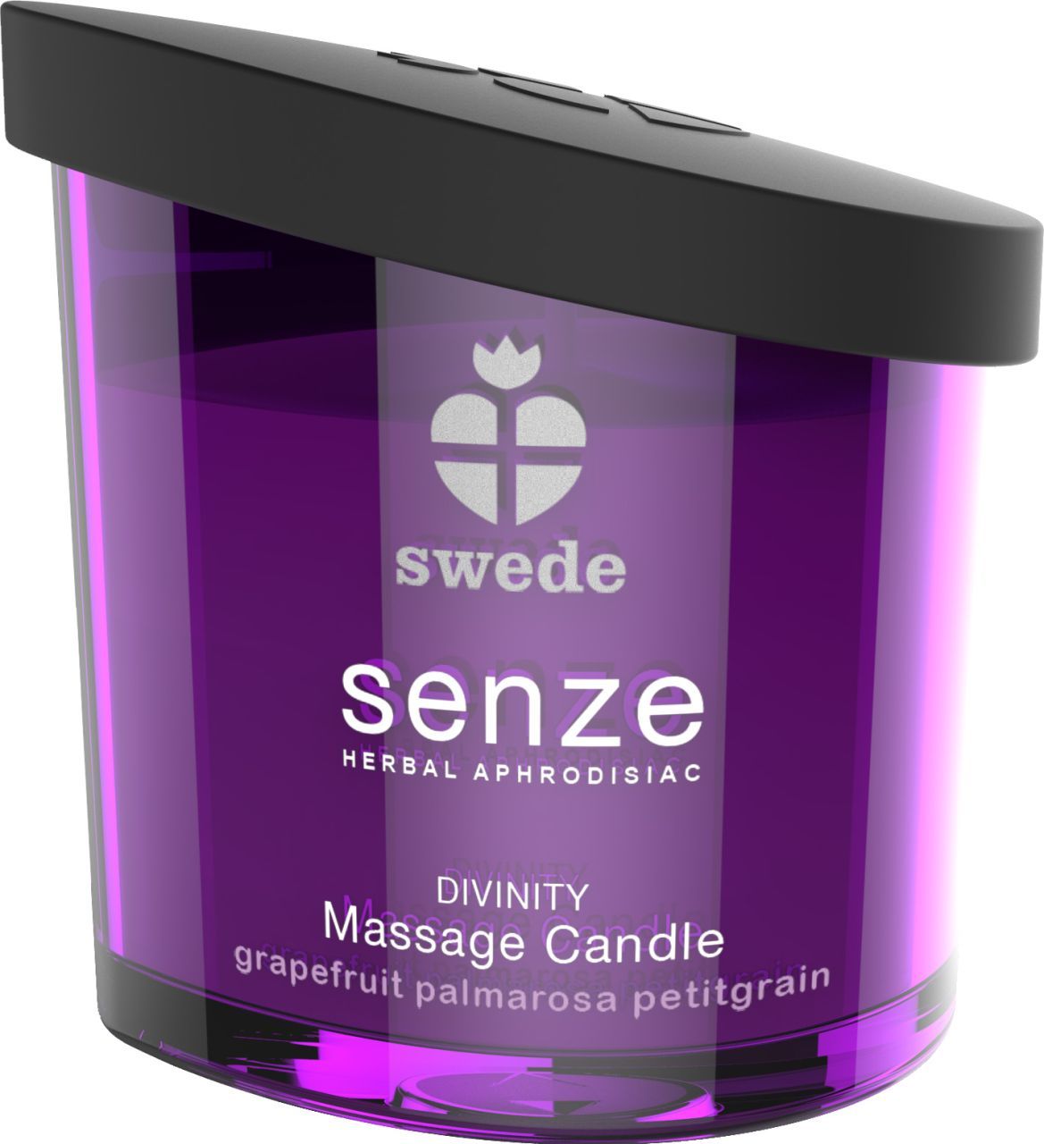 Paarse massagekaars met zwarte deksel. Merk: Swede Senze. Geur: Grapefruit, Palmarosa, Petitgrain.
