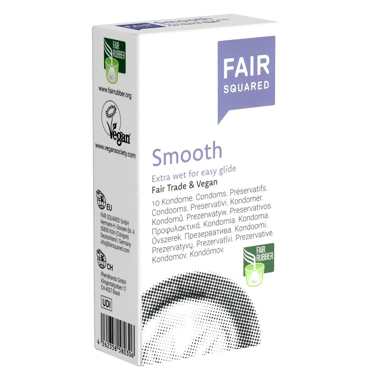 Verpakking Fair Squared Smooth condooms, 10 stuks. Fair Trade & Vegan gecertificeerd.