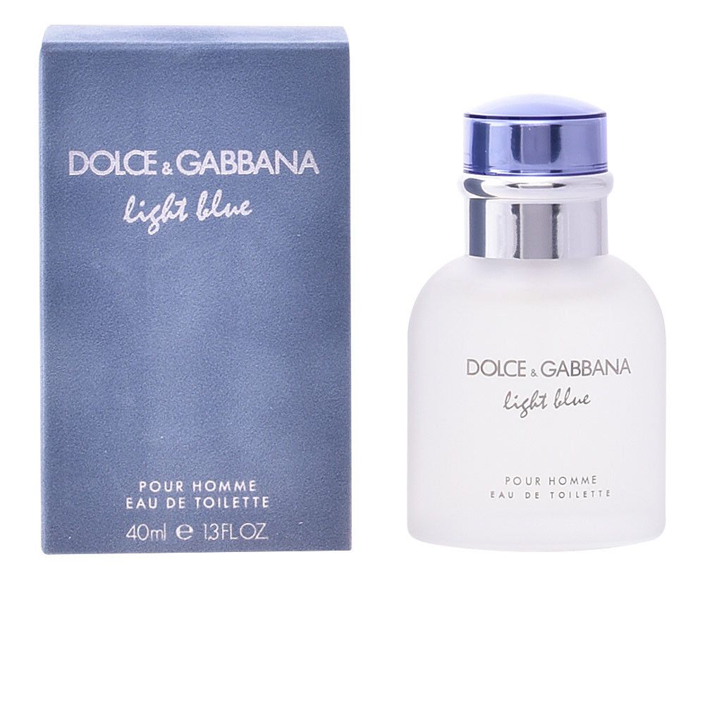 Flacon et boîte. Flacon avec col argenté et bouchon bleu. Inscription: Dolce & Gabbana Light Blue Pour Homme Eau de Toilette. Boîte bleue.