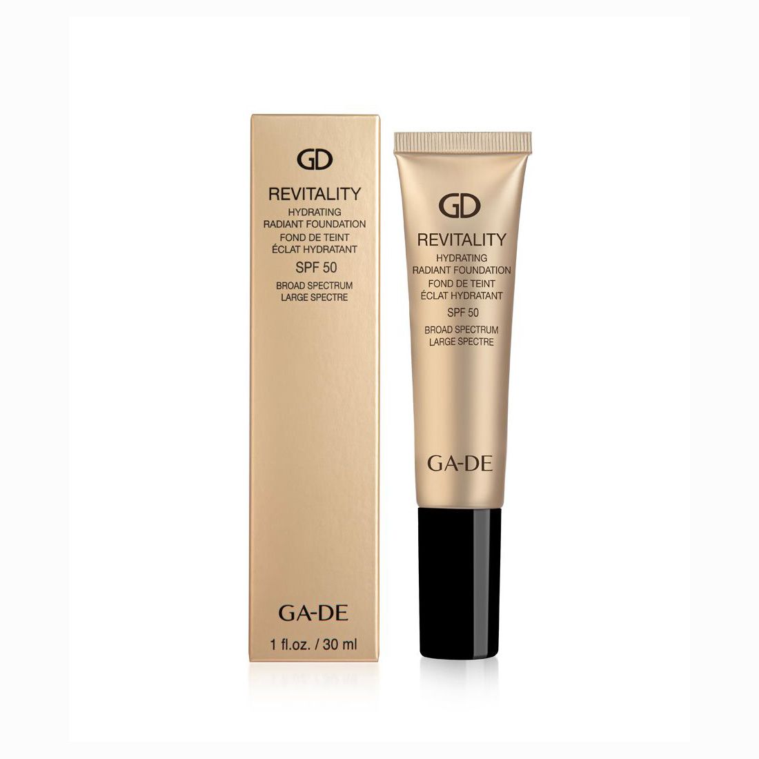 Ga-De Revitality. Tube et boîte. Or, bouchon noir. Texte: Revitality, SPF 30, Ga-De. 1 fl.oz./30 ml.