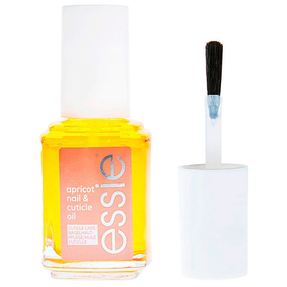 Flacon en verre avec liquide jaune, bouchon blanc et pinceau. Étiquette : apricot nail & cuticle oil, essie.