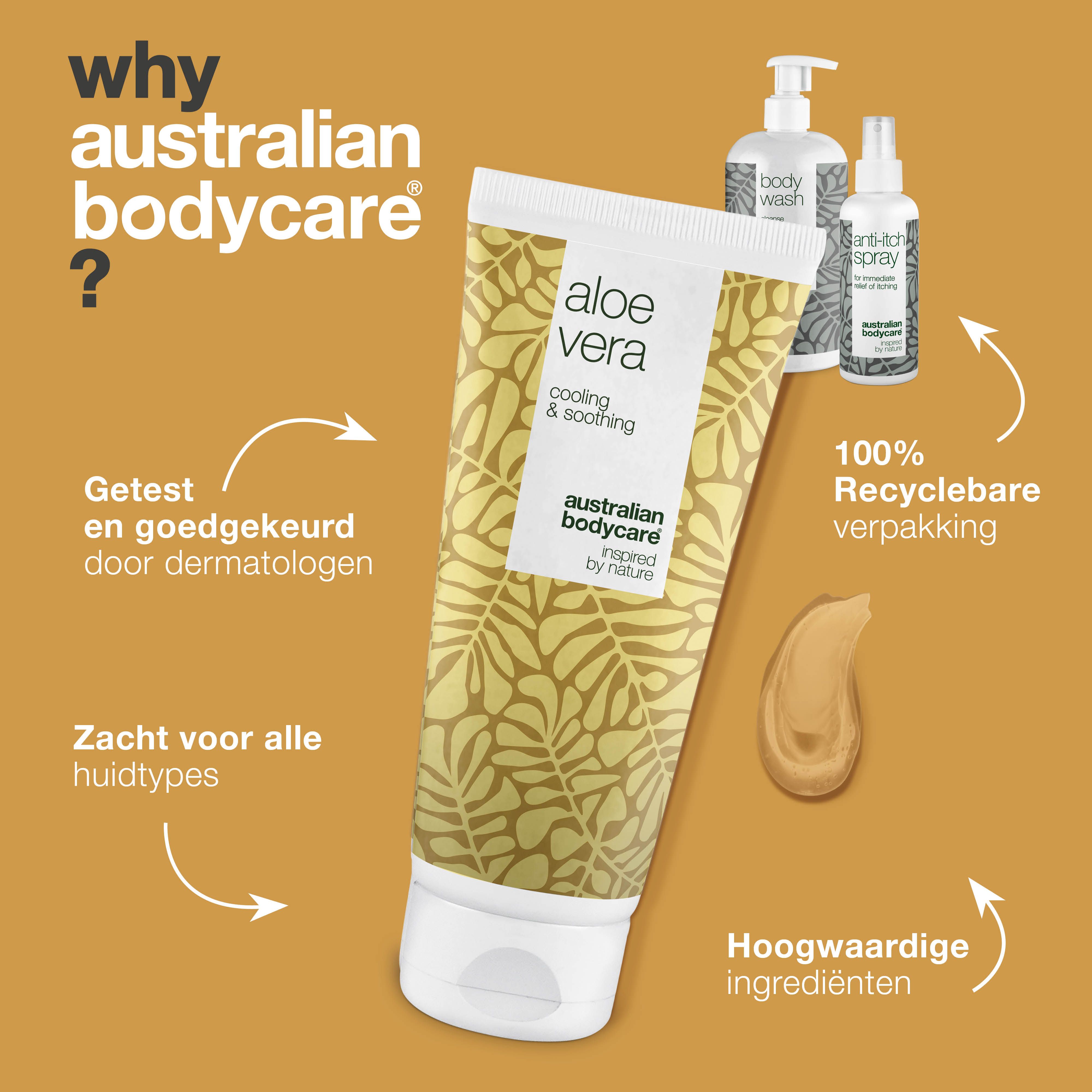Aloe Vera gel, Body Wash en Anti-jeuk Spray. Gel druppel. Tekst: Waarom Australian Bodycare?