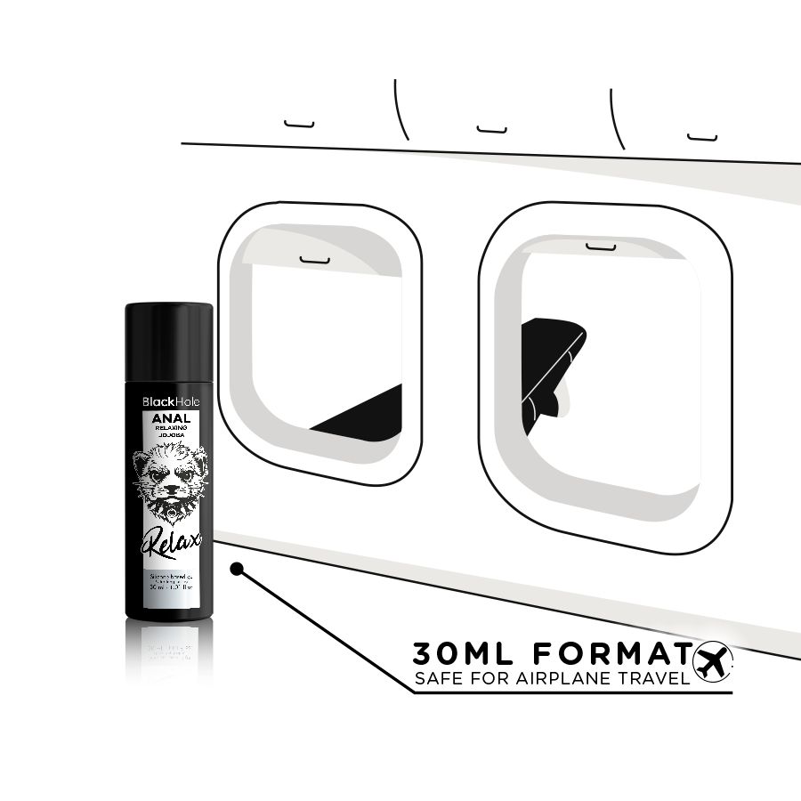 Un flacon de 'Black Hole ANAL Relaxing Jojoba' à côté d'un hublot d'avion. Texte: Format 30ml, Safe for airplane travel.