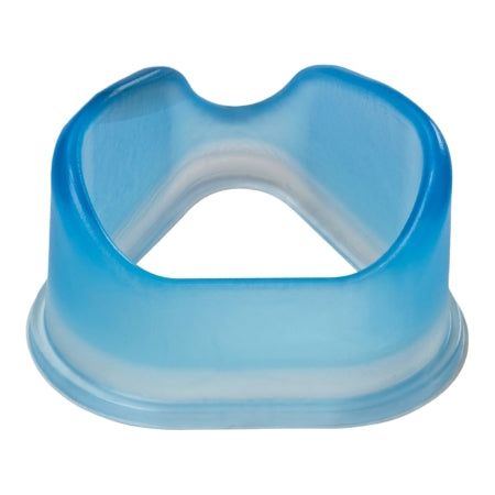 Blauw gelkussen in de vorm van een ring. Het heeft een ronde basis en een open, gebogen bovenkant met een uitsparing.