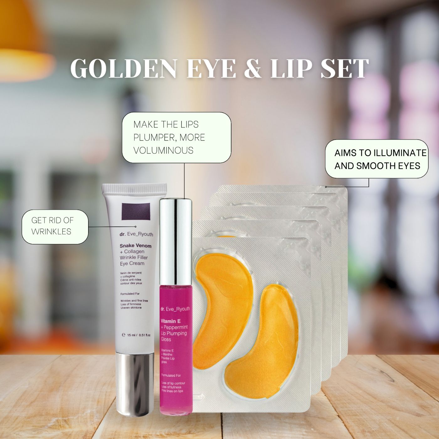 Set met oogcrème, lipgloss en oogpads. Tekst: Golden Eye & Lip Set. Pijlen wijzen naar producten.