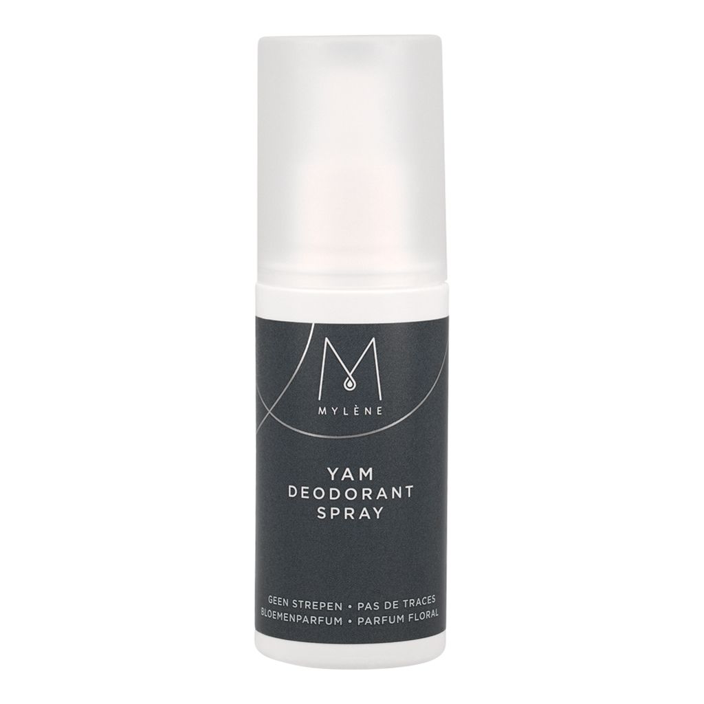 Mylène Yam Deodorant Spray dans un flacon blanc avec étiquette foncée.