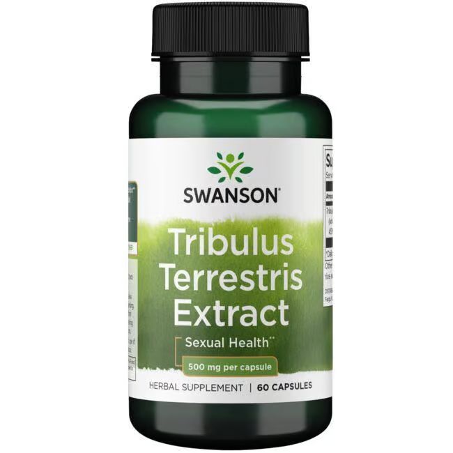 Gélule verte avec étiquette blanche : SWANSON Tribulus Terrestris Extract, 500 mg par gélule, 60 gélules.