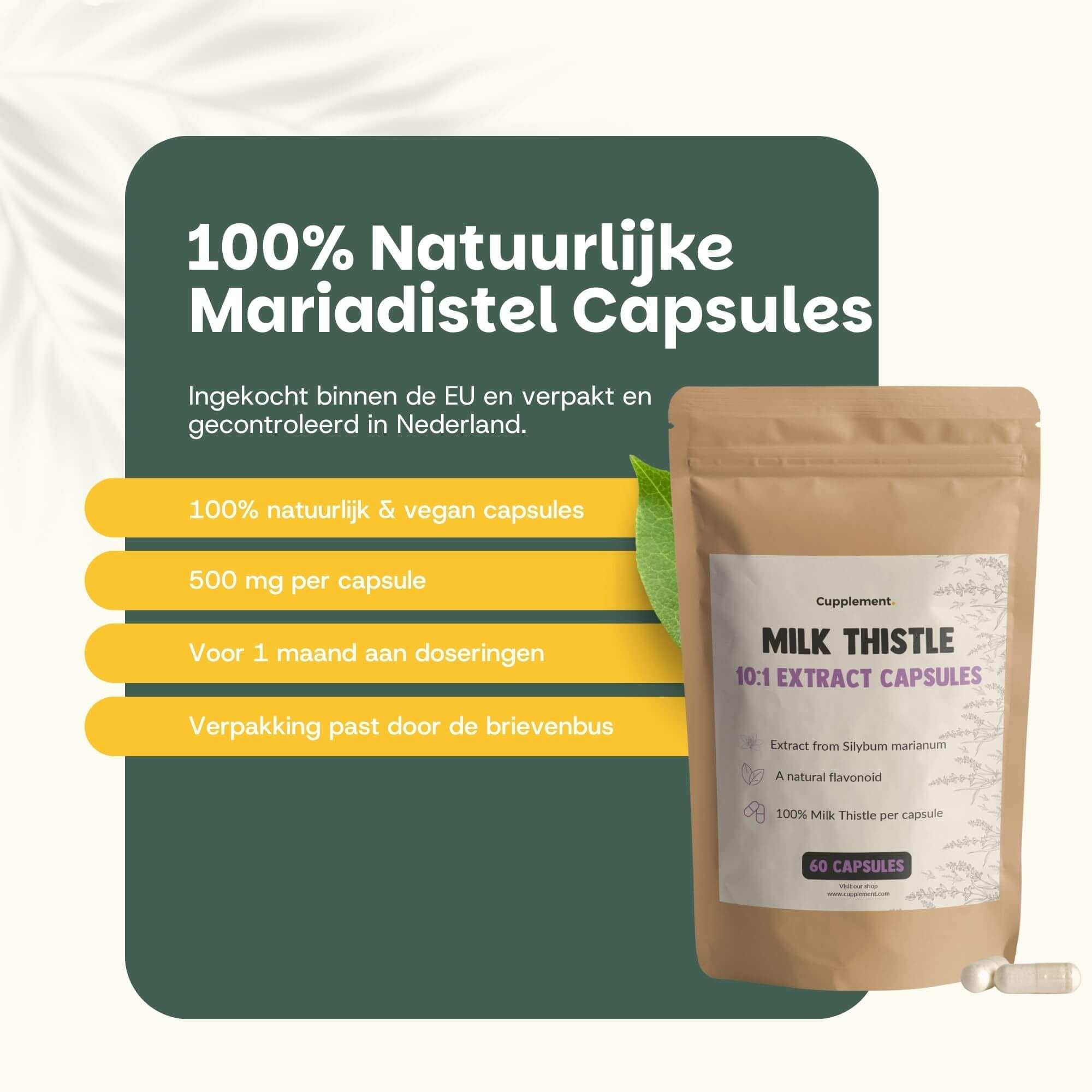 Zakje met capsules. Tekst: 100% natuurlijke mariadistel capsules. 500 mg per capsule. Voor 1 maand doseringen. Past door de brievenbus.