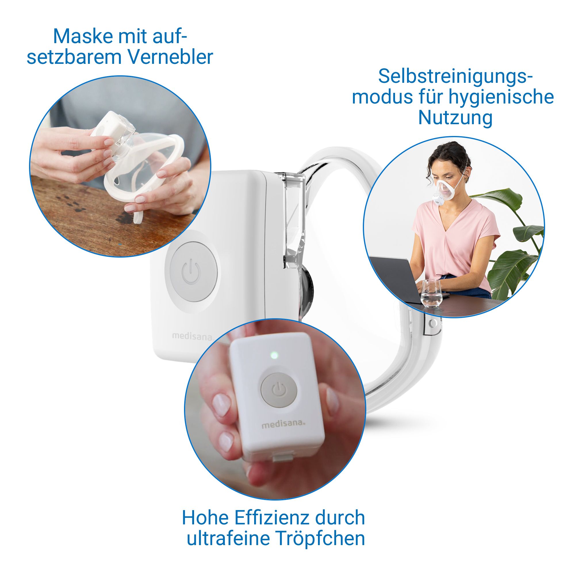 Inhalateur Medisana IN 700 : Masque avec nébuliseur amovible, mode auto-nettoyant, haute efficacité.