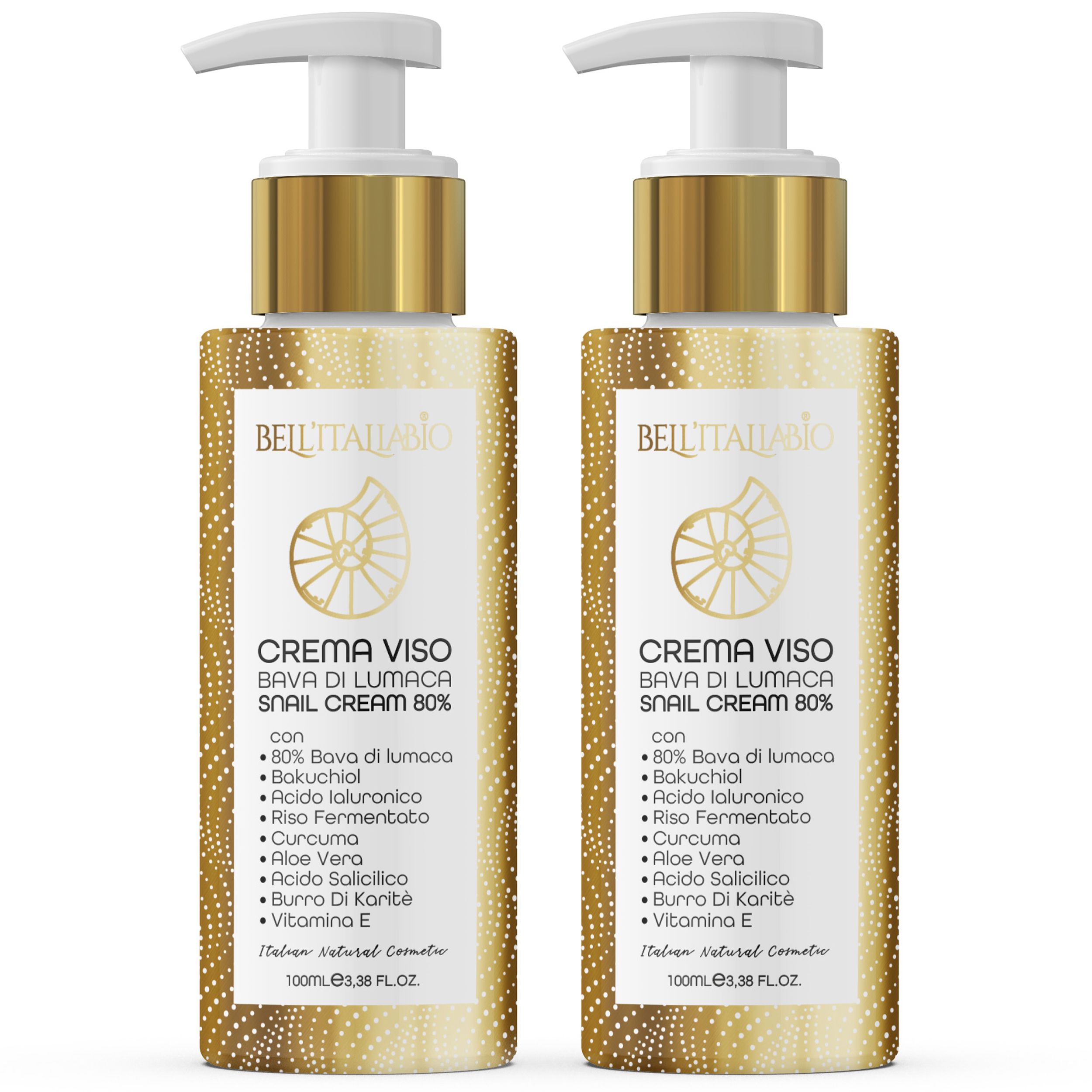 Twee crèmes met pompdosering. Opschrift: Bell'Italiabio, Crema Viso Bava di Lumaca Snail Cream 80%. Gouden verpakking.