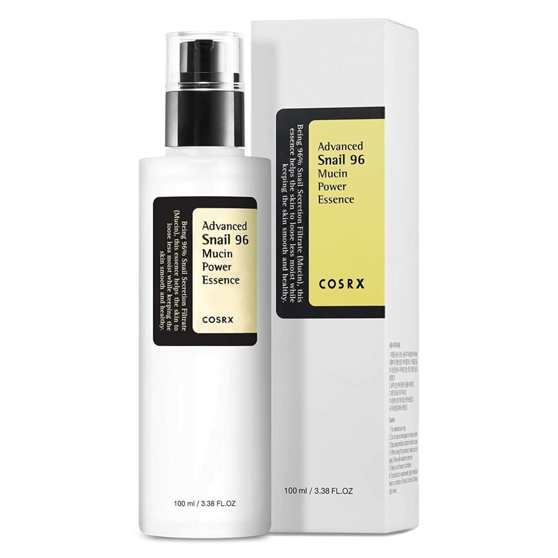 Productverpakking: Serumfles en doos. Tekst: Advanced Snail 96 Mucin Power Essence. COSRX. 100 ml / 3.38 FL.OZ.