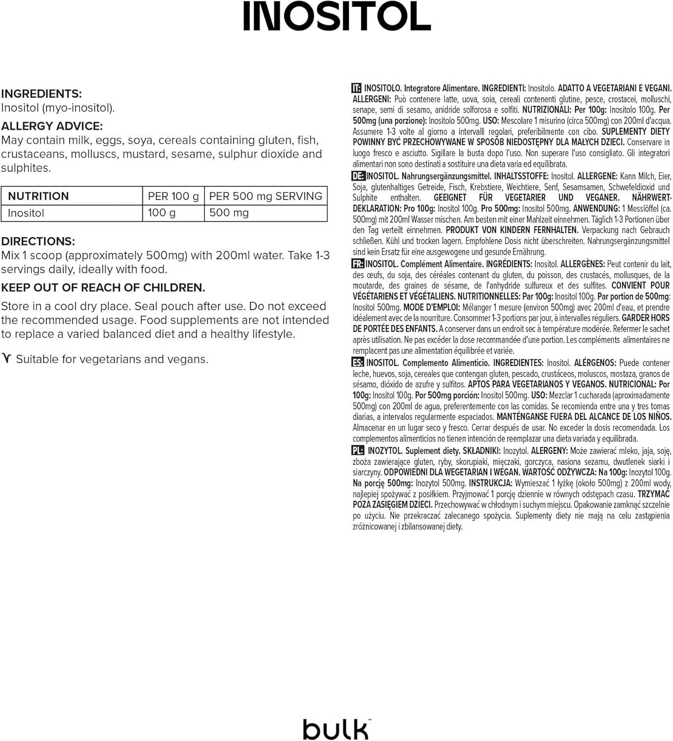 Tekstpagina met ingrediënten en voedingswaarde-informatie voor inositol. Bevat informatie over allergenen en gebruiksaanwijzingen.
